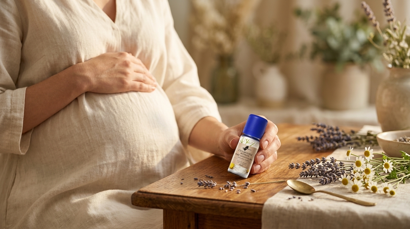 Expectant mother's hands cradling an amber essential oil bottle on cream linen with dried florals
